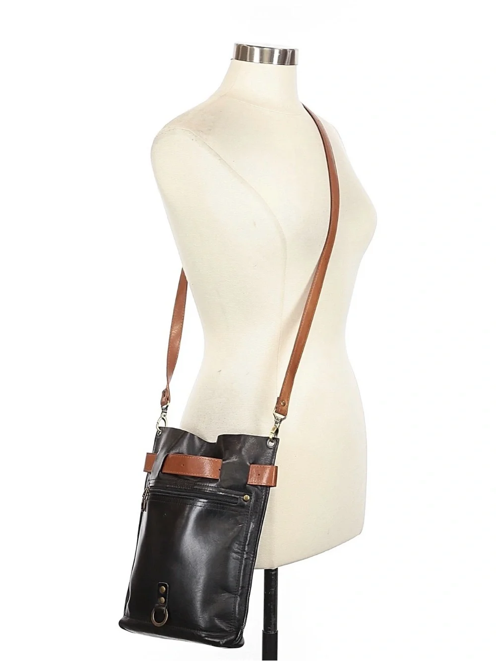 QisaBags Black Tan Full Grain Leather Convertible Crossbody Bag